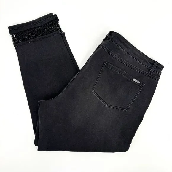 Joseph Ribkoff Women 22 Charcoal Grey Embellished FishNet Cuff Classic Slim Jean - Picture 6 of 15